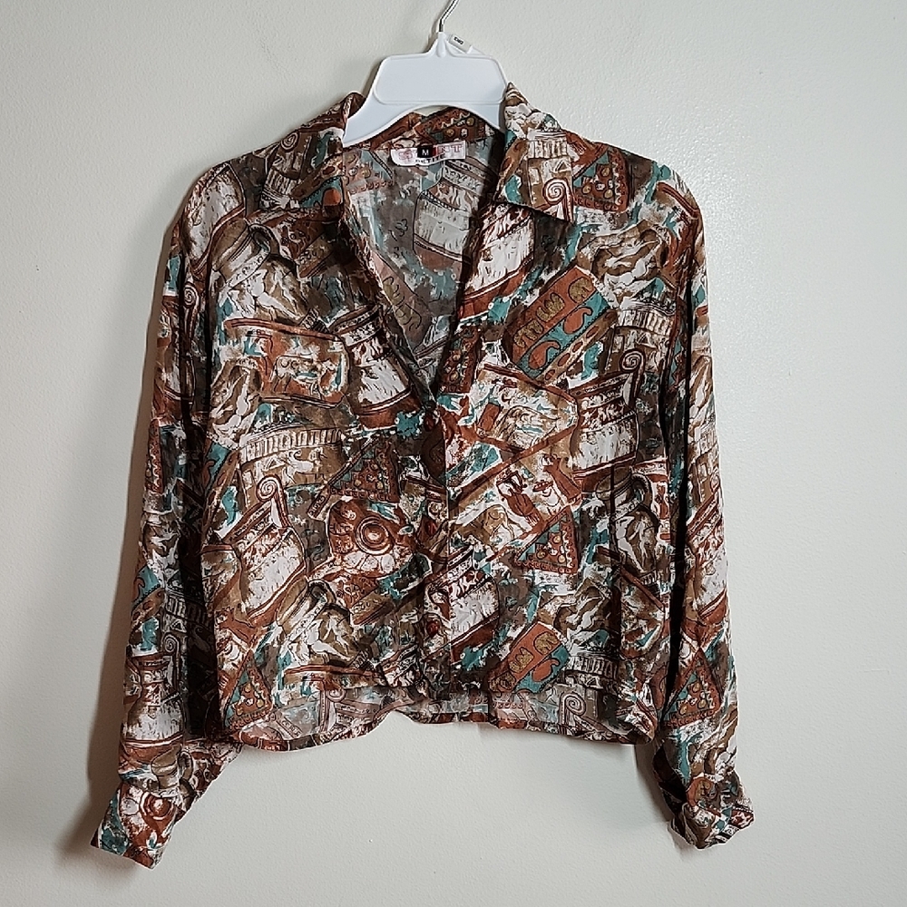 Vintage Stunt Petite Abstract Print Silk Cropped Button-Up Women's Top. Medium.